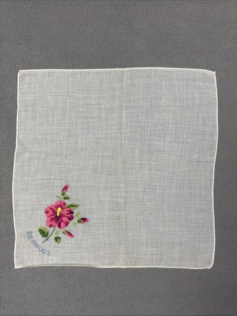 1950s Bermuda Pink Hibiscus Flower Embroidered Handkerchief floral tropical